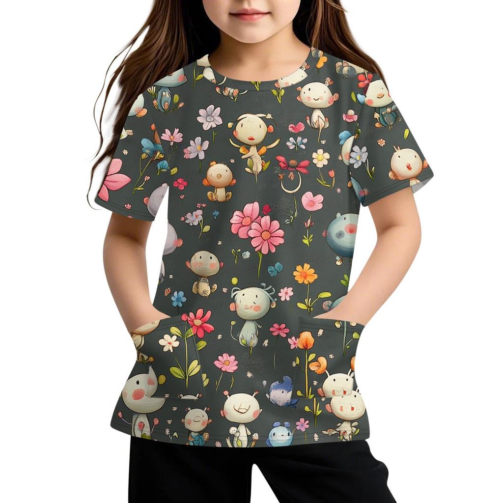 Children's Short Sleeve Pocket Tops Casual  Print T Shirt Round Neck Pullover Blouse
