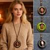 Boho Wooden Pendant Necklace Leather Chain Sweater Necklace Vintage Sweater Chain  for Women Men