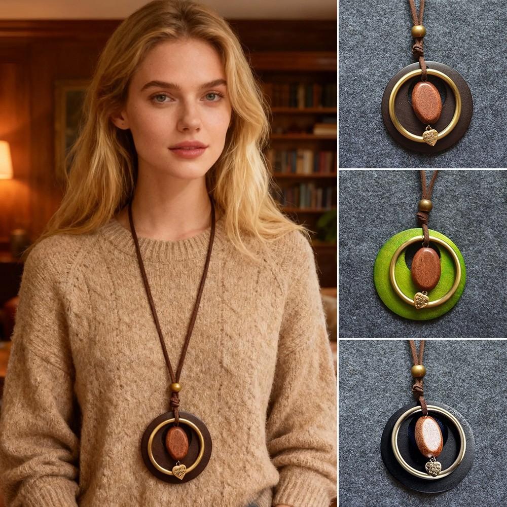 Boho Wooden Pendant Necklace Leather Chain Sweater Necklace Vintage Sweater Chain  for Women Men
