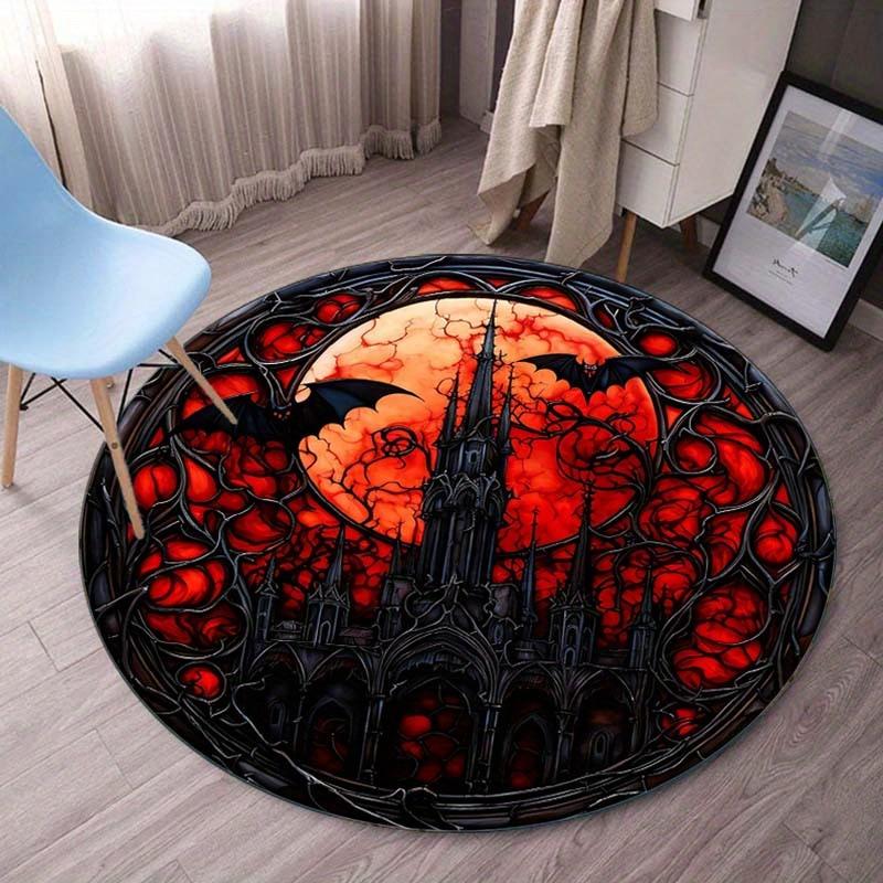 Gothic castle red moon bats round rug Halloween horror theme dark fantasy decor spooky home decoration stainedglassstylefloormat 60cm