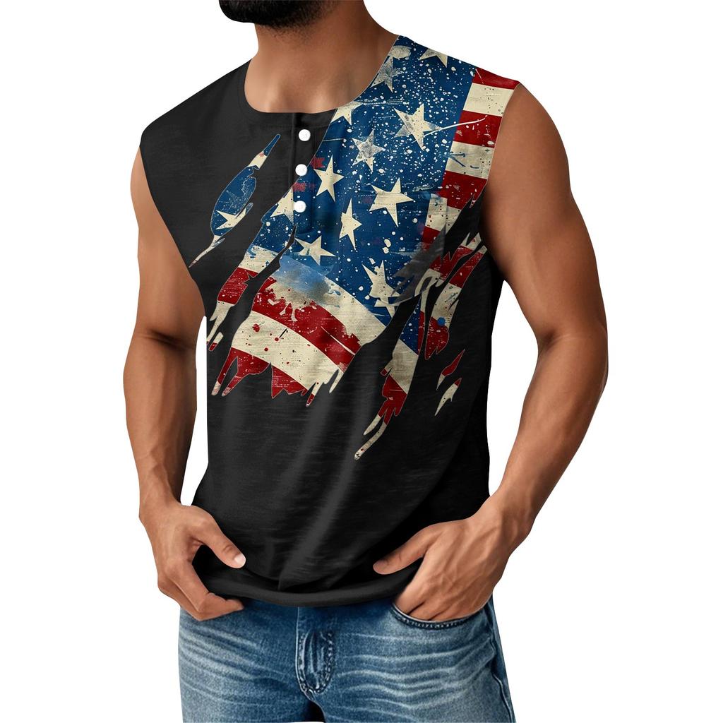 Herre Sommer Uavhengighetsdagen Trykt Sport Knapp Lomme Ermeløs Tanktopp