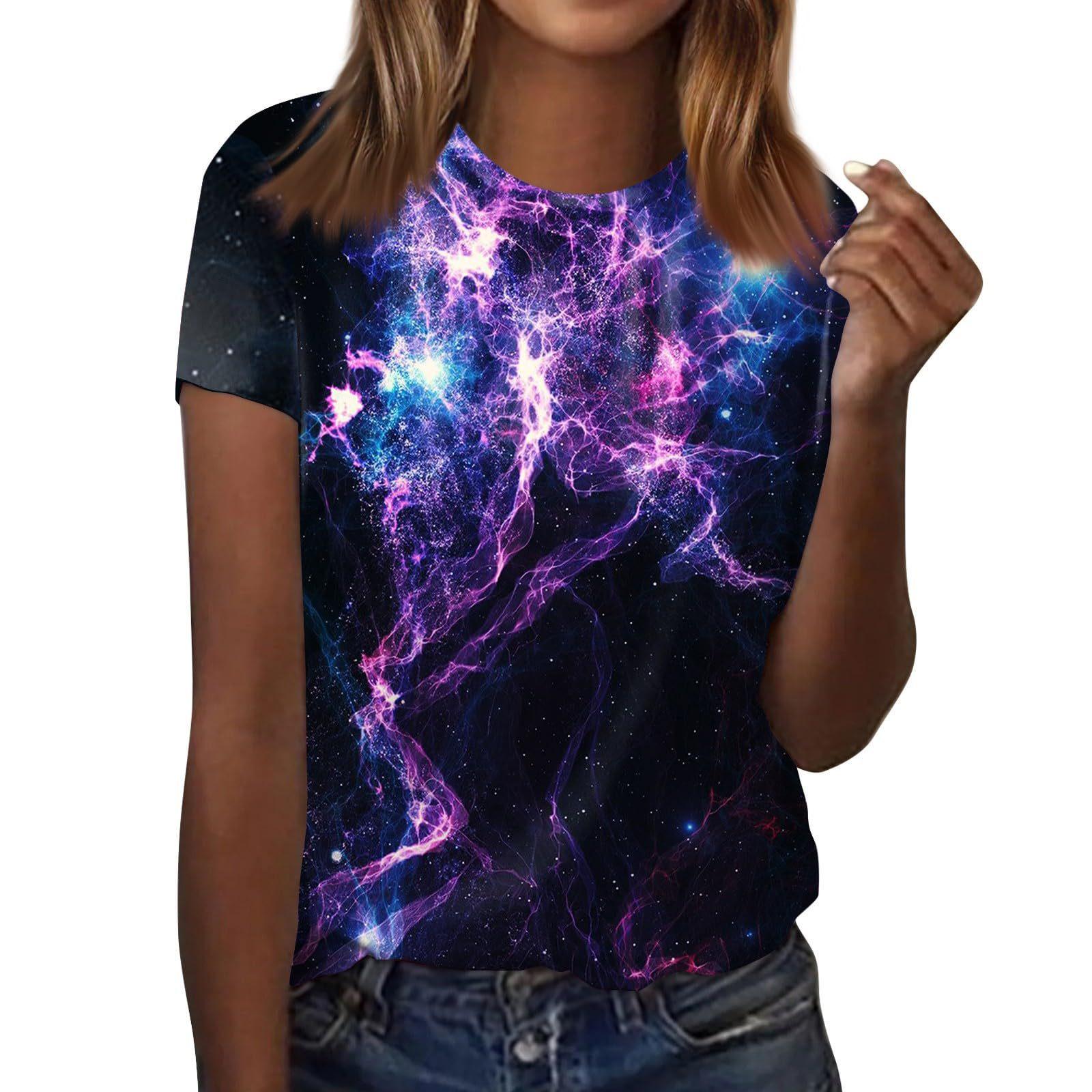 

Футболки с 3D-принтом Galaxy Universe Pattern для женщин, повседневные футболки с коротким рукавом и круглым вырезом, уличная одежда Harajuku, футболки, топы, женская одежда L