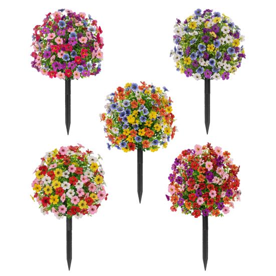 Artificial Violet Topiary Ball UV Resistant Violet Blooms Fake Evergreen Plants Flowers Brush with Ground Spike for Outdoor Indoor Garden Decor