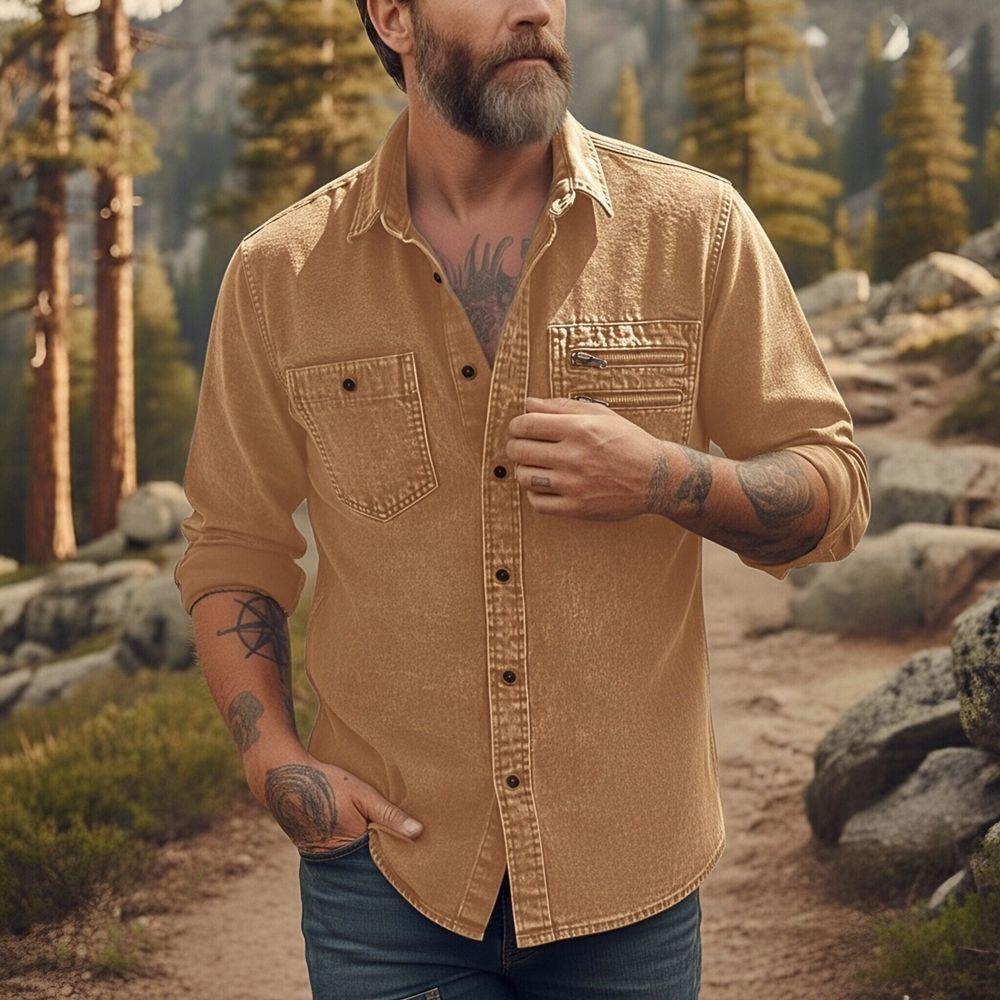 Men's Casual Workwear Denim Shirt Solid Color Washed Button Up Long Sleeve Shirt with Dual Chest Pockets