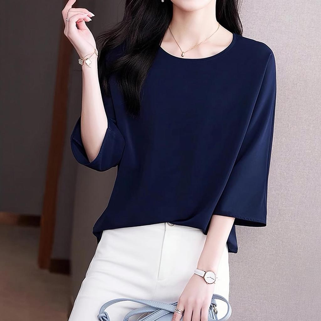 Blouse for Loose Summer Business [Lalapala] Women, 3/4 Sleeve, Summer, Chiffon, Top, Fit, Simple, Thin, Silky, Pullover, Suit, Innerwear, Silky,