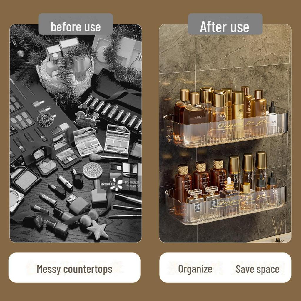 Raft de baie montat pe perete, fără perforații, pentru depozitarea articolelor de toaletă și cosmeticelor