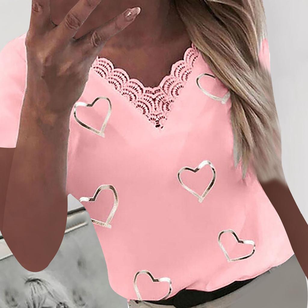Women Hearts Print V-neck Lace Patchwork Short Sleeve T-shirt Pullover Blouse