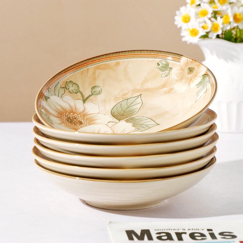 Set of 6 Ceramic Jasmine Flower Soup Plates - Underglaze Color Tableware.