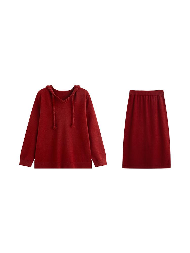 Plus Size V-neck Hooded Sweatshirt & Skirt Two-Piece Set - 2025 Winter Casual Knitwear for Women