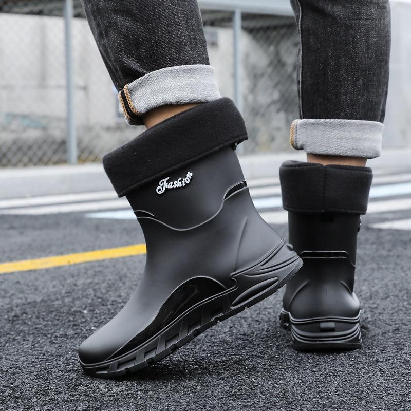 New rain shoes men's non-slip men's medium tube velvet rubber shoes kitchen wear-resistant fishing waterproof rain boots fashion water shoes