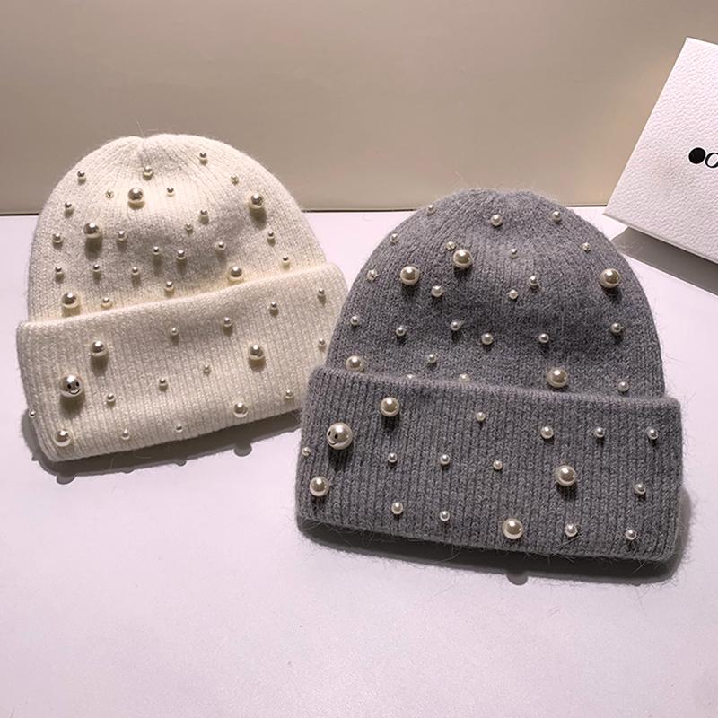 New Autumn And Winter Heavy-Duty Pearl Wool Hat Pearl Fashion Knitted Hat Warm Ear Protection