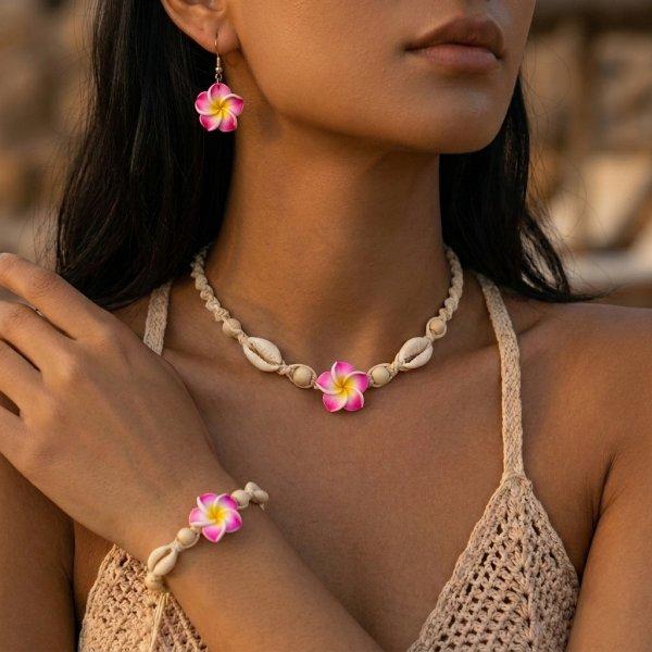 Bohemian Beach Beaded Choker Necklace for Women Hawaiian Pink Yellow Hawaiian Flower Pearl Necklaces Summer Vacation Jewelry