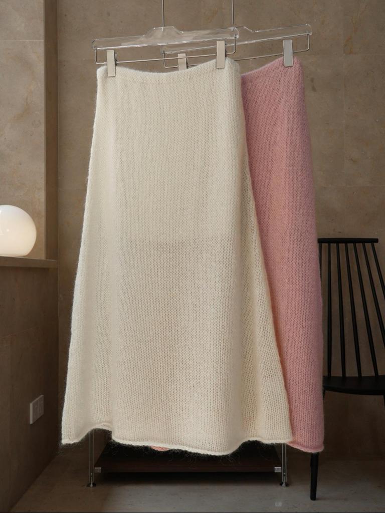 Louvre Spódnica A-line z dzianiny moherowej w stylu koreańskim - Lekka, puszysta, długa spódnica z wysokim stanem dla kobiet