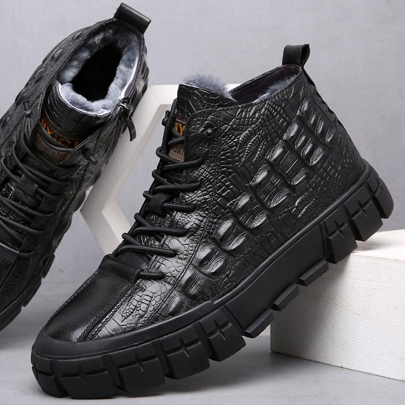 

The first layer of cowhide winter new men s cotton shoes wool velvet warm embossing fashion trend genuine leather men s shoes 38 чёрный