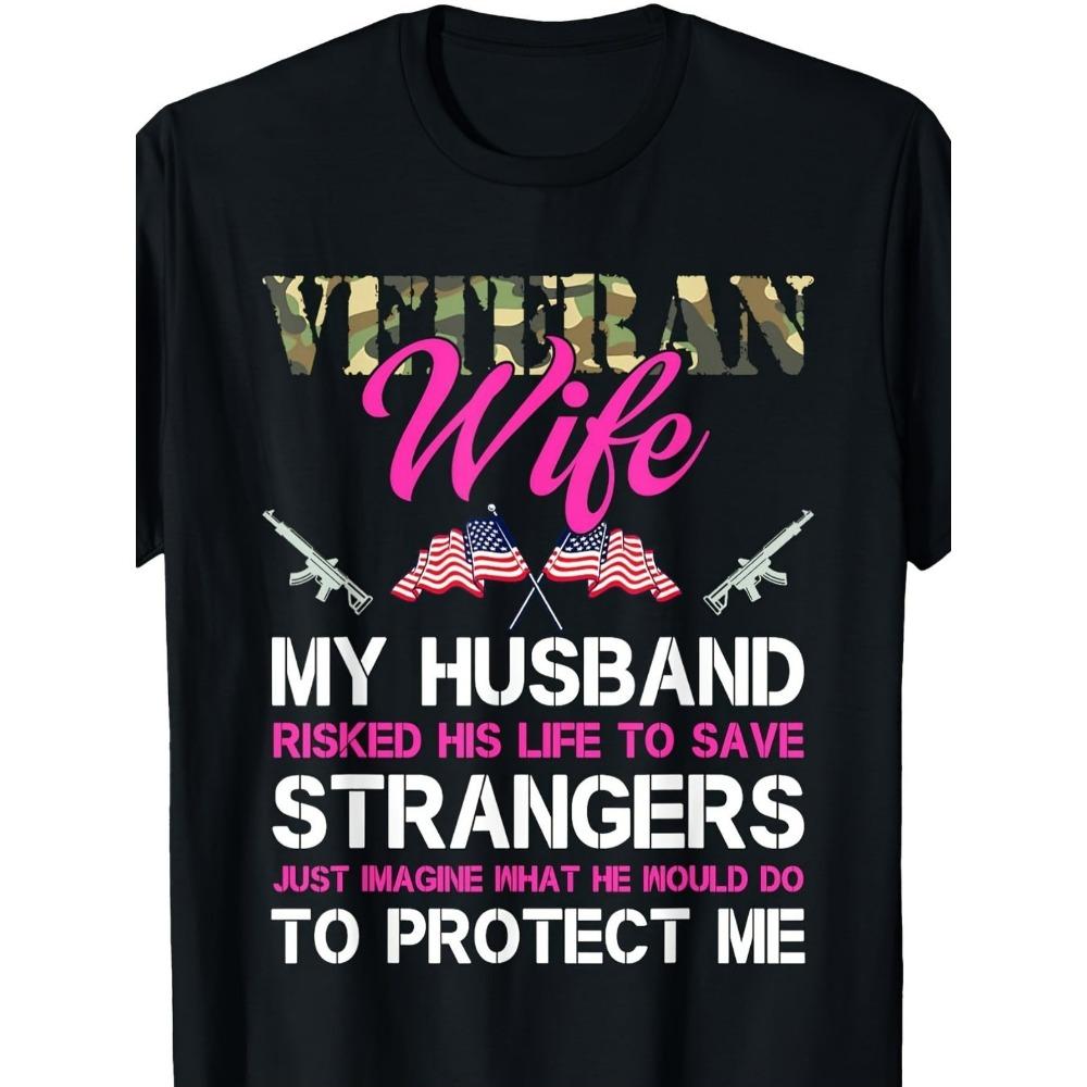 Men'S Wife & My Husband Risked Life to Strangers Slogan T-Shirt - Black Camo Flag Design, Comfortable Crew Neck Short Sleeve,