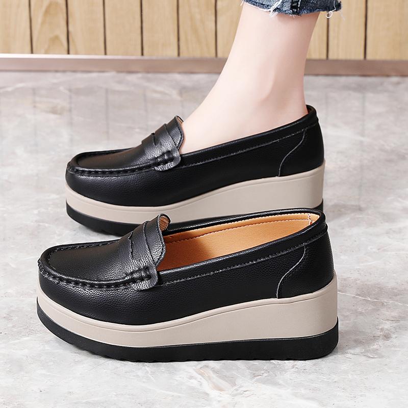 Ladies Platform Loafers Casual Elegant Black Leather Women Thick Sole Shake Shoe Plus Size