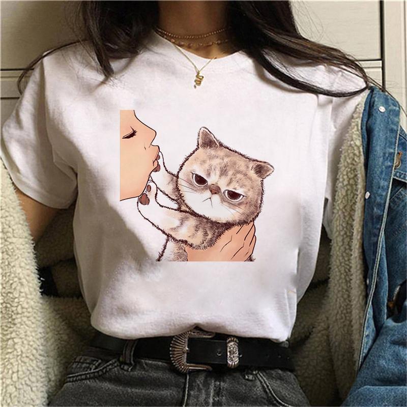 2021 Summer Women Tshirt Kiss a cute cat Printed Tshirts Casual Tops Tee Harajuku 90s Vintage White tshirt Female Clothing