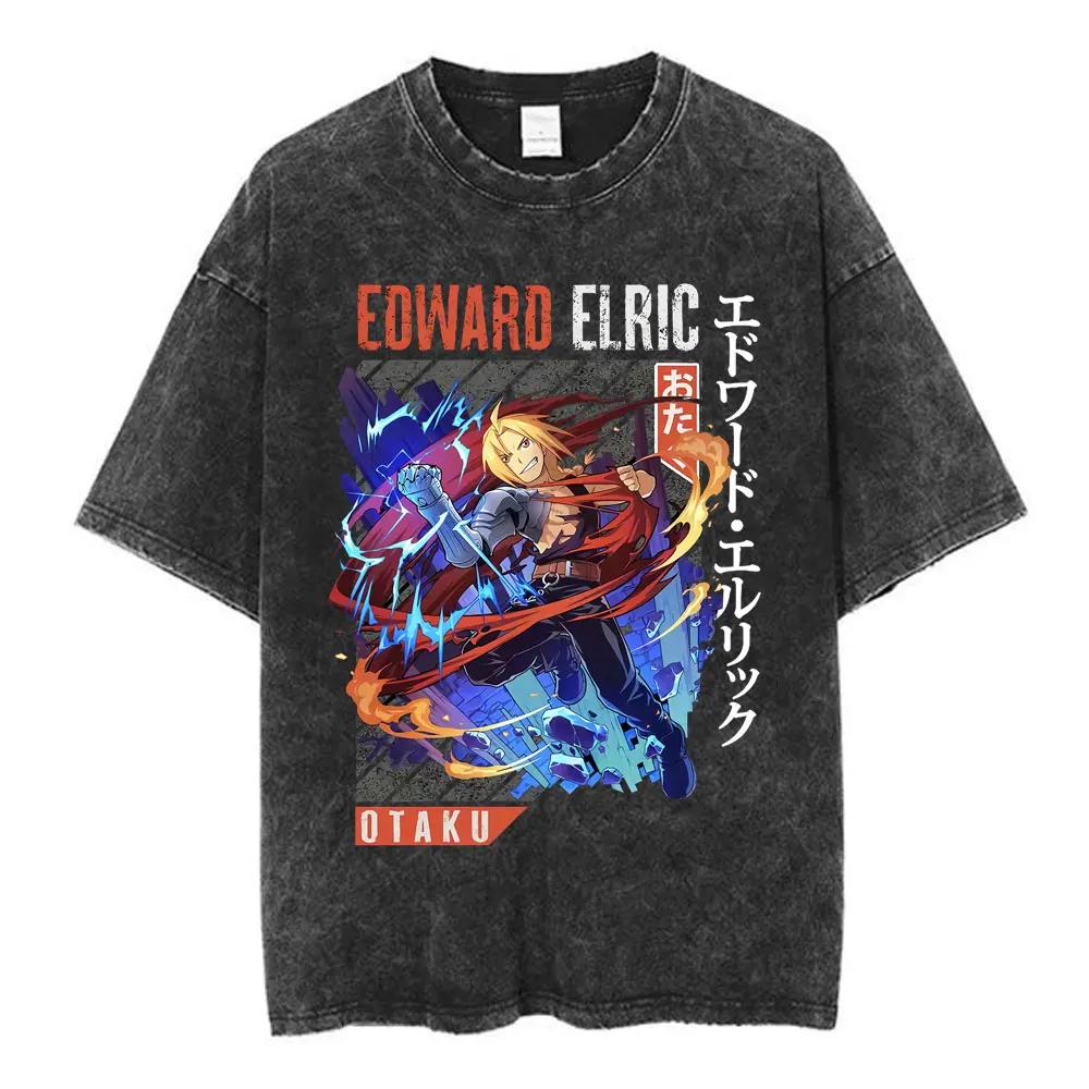 Magliette Lavate Anime Fullmetal Alchemist Edward Elric Alphonse Elric T-Shirt Uomo Donna Moda Casual Magliette Oversize Top