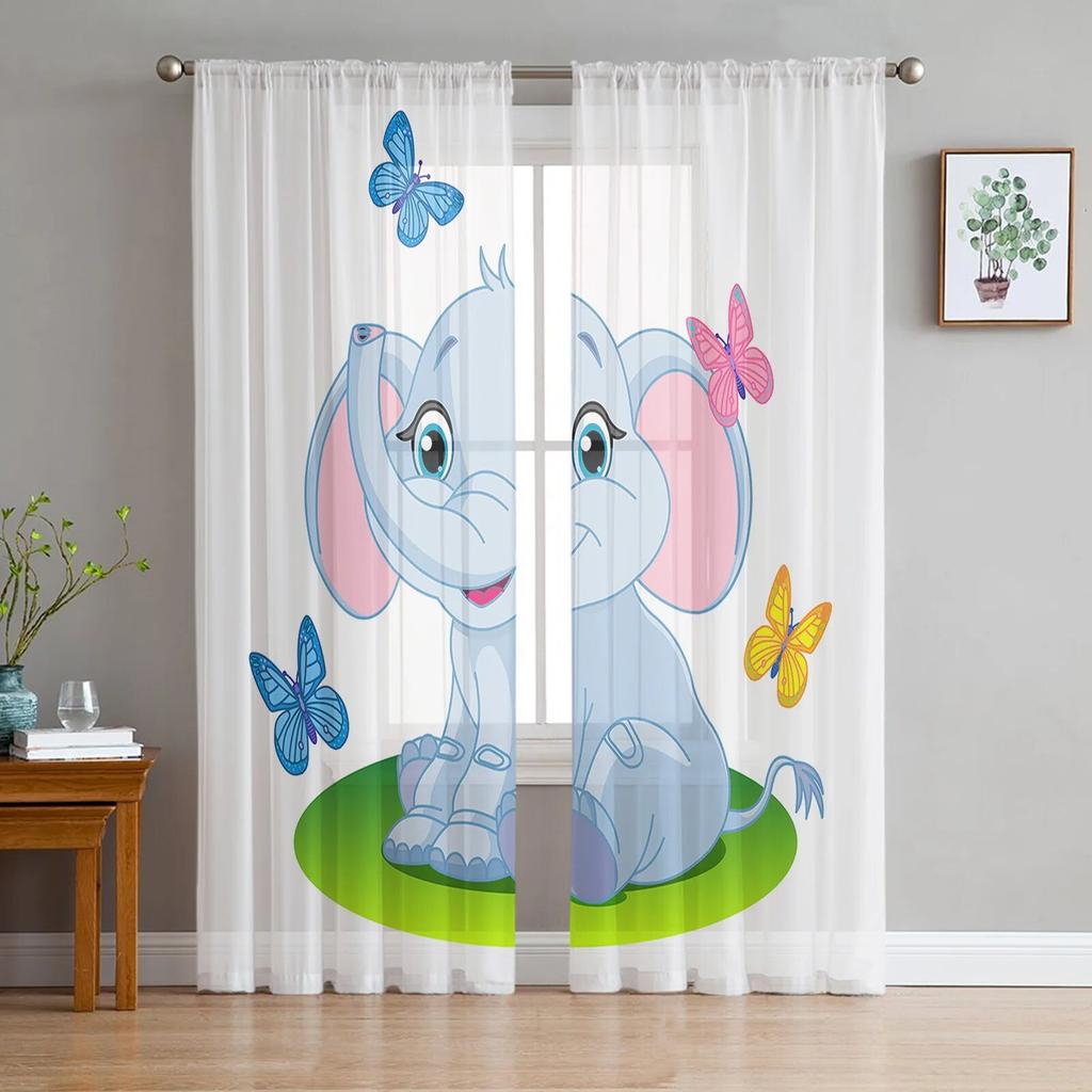Elephant Mom And Baby Tulle Sheer Curtains For Kitchen Window Living Room Modern Voile Curtain Bedroom Drapes