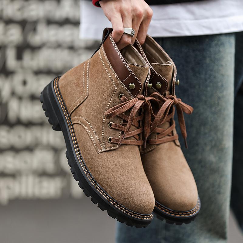 Fashion Four Seasons Men Suede Leather Boots Outdoor Casual Hiking Boots Fashion Thick Bottom Ankle Boots Anti-slip Man Motorcycle Botas