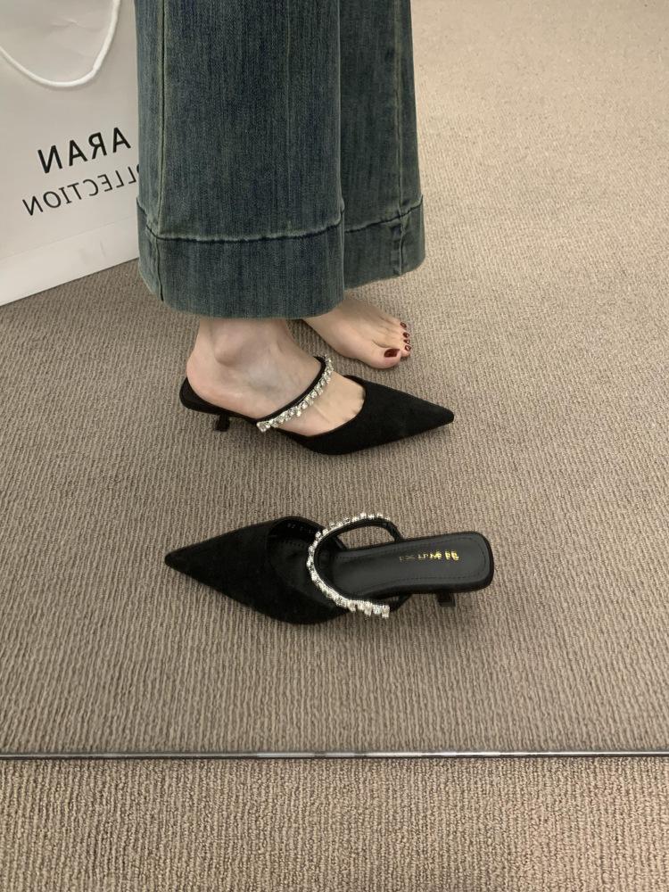 

Французское слово из страз высокого класса с головкой сумки и полушлепанцы для женщин для ношения 2025 новые остроносые туфли-мюли на высоком каблуке 41 чёрный