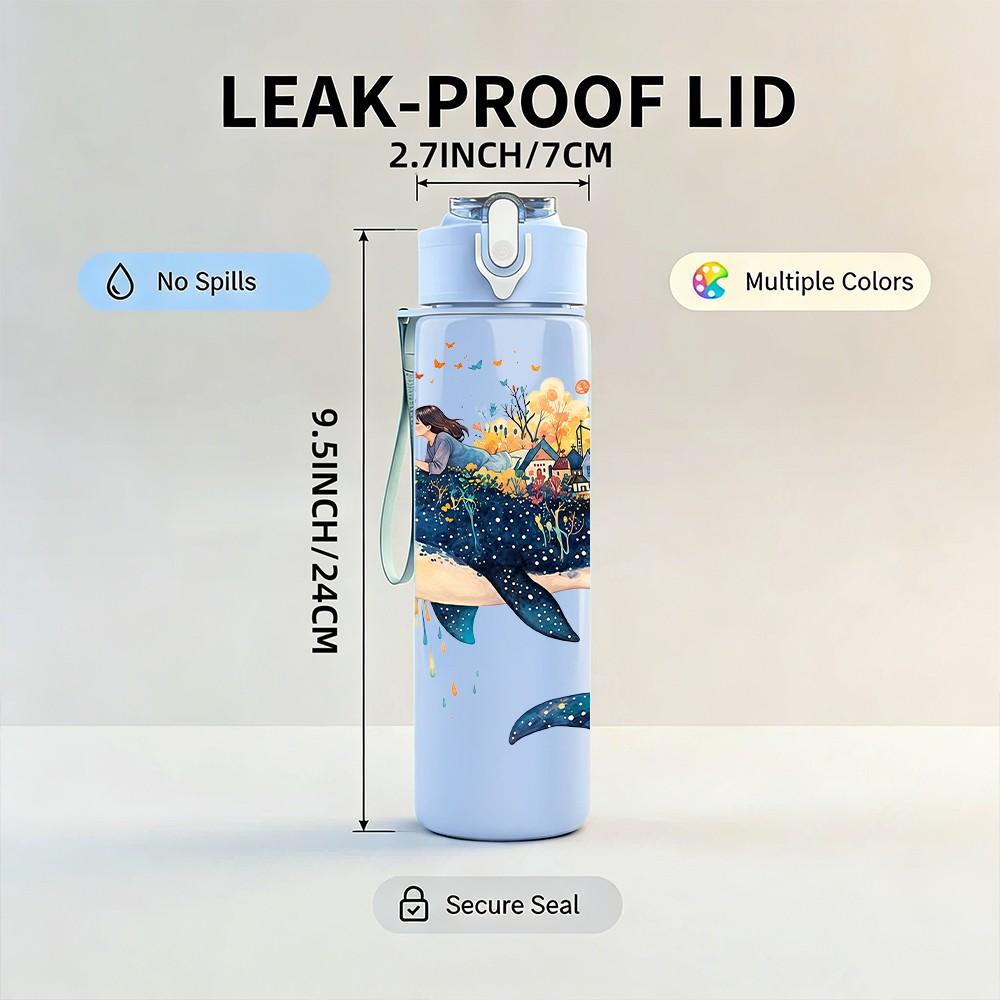 1PC Jumping Whale Ocean Watercolor Art Print 750ml Color Plastic Sports Water Bottle Leakproof Flip Straw Lid Suitable for Sports Office Home Use