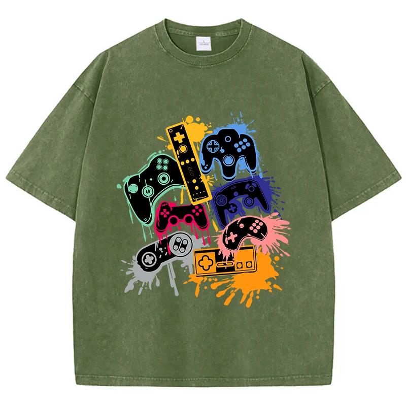 Game Console Graffiti Printing Washed TShirt Cotton T Shirts ONeck Comfortable Distressed Tops Summer Mans Clothes