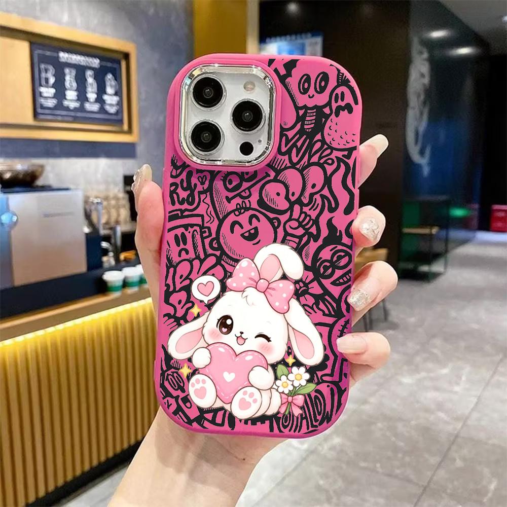 Phone Case: 2D Flat Design Suitable for iPhone 18 17 16 15 14 13 Pro Protective Case, Couple Style, Hugging Heart White Rabbit, Christmas and Hallowee