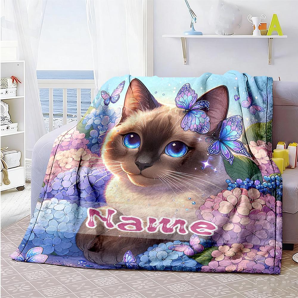 Siamese Cat Personalized Text Blanket Multi-purpose Customizable Blanket Warmthful Decor for Livingroom Seaside Sofa Chair Four Seasons Multipurpose