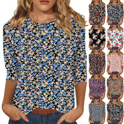 Dame Mote Casual Trekvartsermet Vintage Blomstertrykk Rund Hals Topp