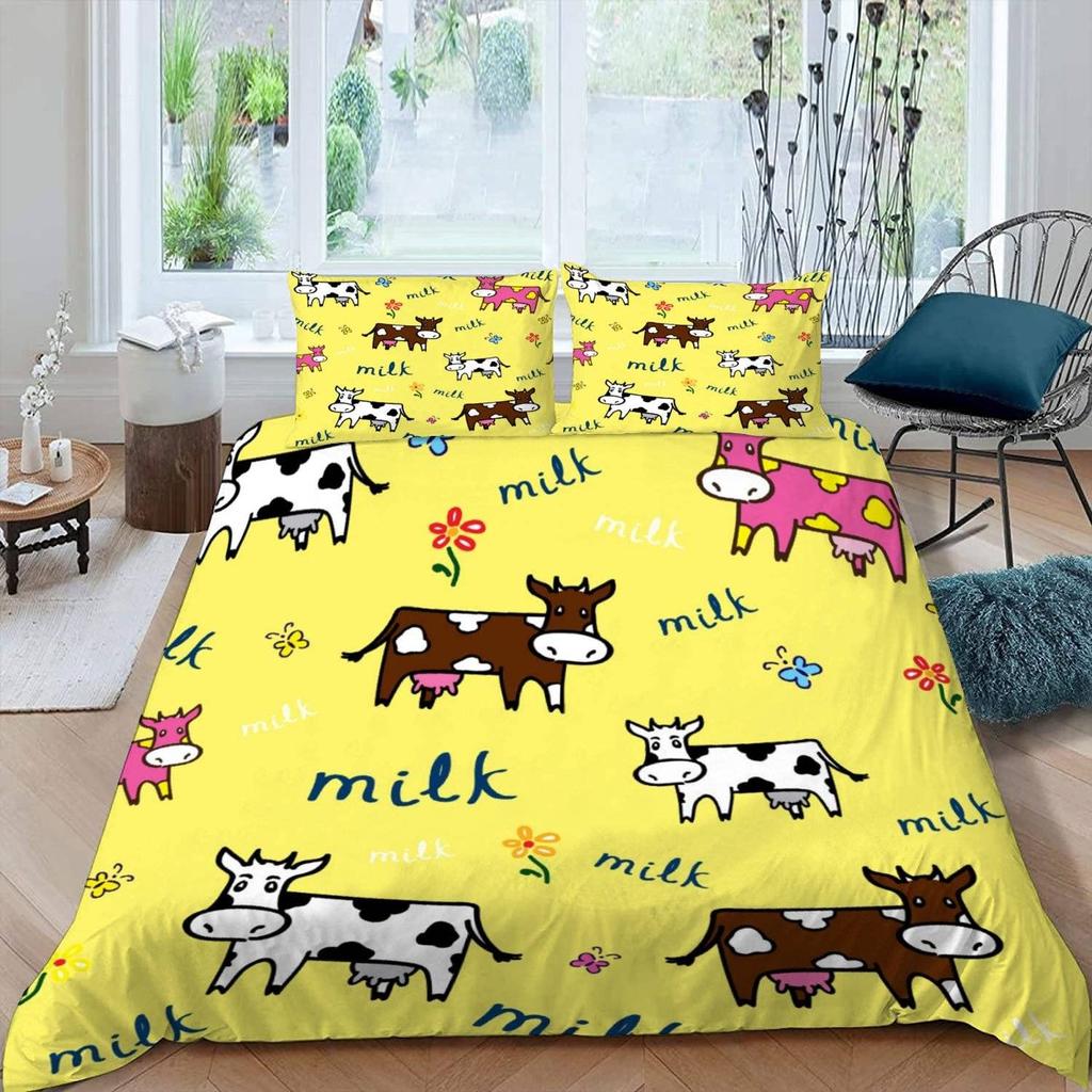 Cute Cows Duvet Cover Set Kawaii Farm Animal Bedding Set Microfiber Floral Comforter Cover Twin King For Kids Boys Girls Decor