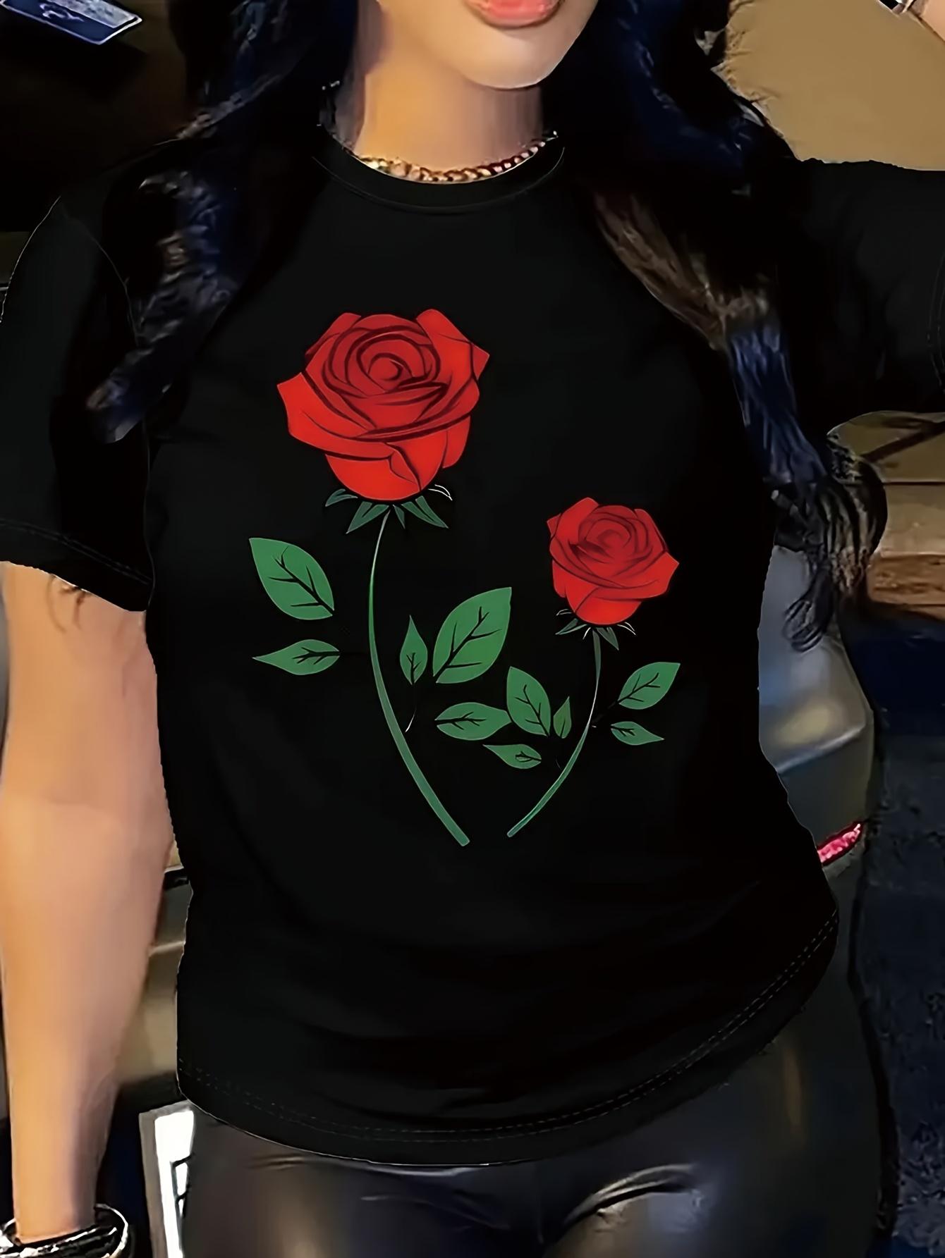 

Футболка с красной розой Женская с принтом красной розы Повседневная с коротким рукавом Круглый вырез Топ Дизайн в ярких цветах Модная футболка-заявление 4XL