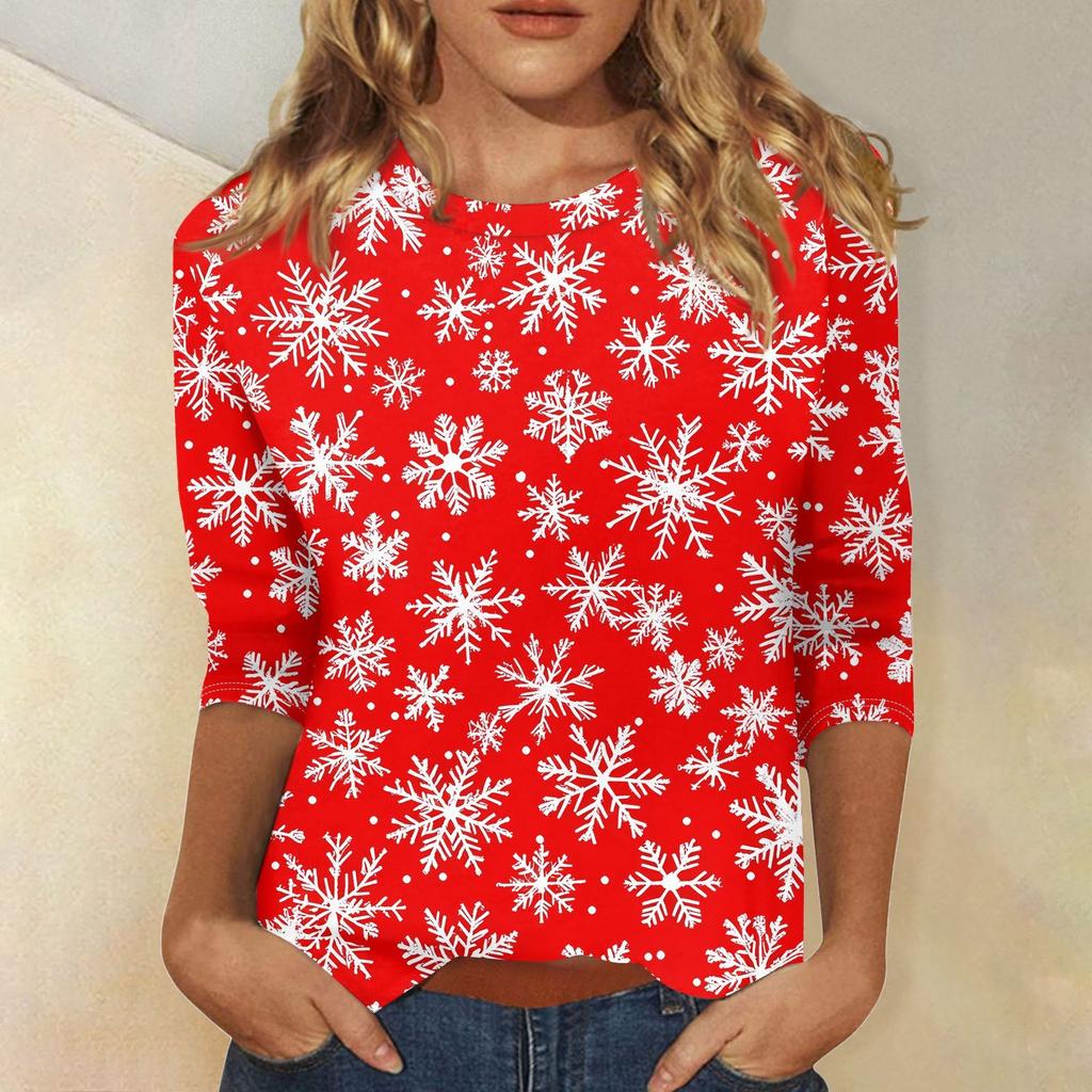 Women's Fashionable Casual Three Quarter Sleeve Christmas Printed Collar Pullover Top