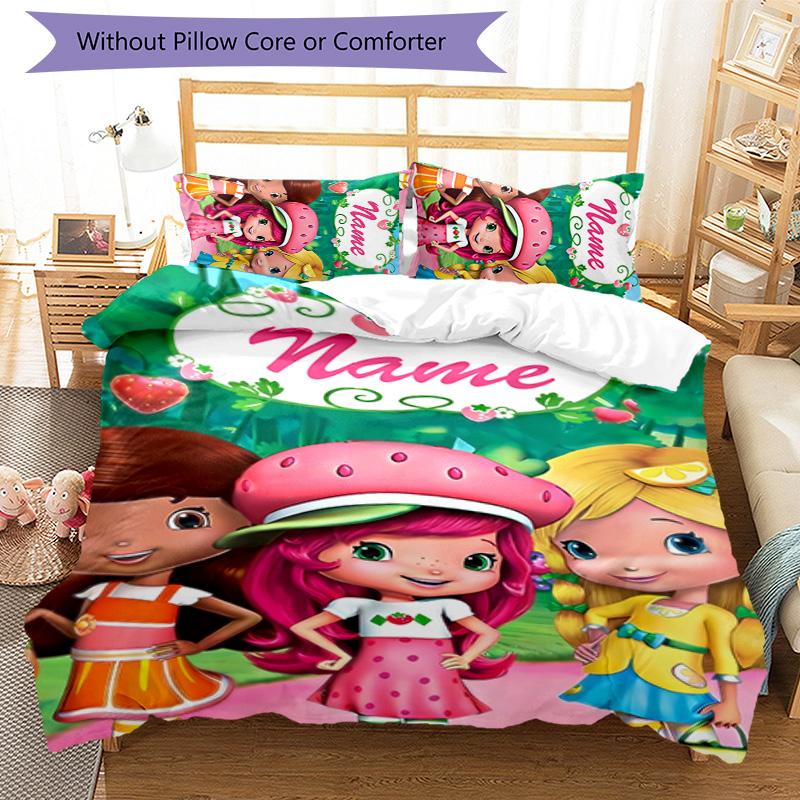 3pcs Strawberry Princess2 Cover Set - Personalized Name, HD Printed Bedding with 1 Cover and 2 Pillowcases - Perfect for Home Decor, Easy Care