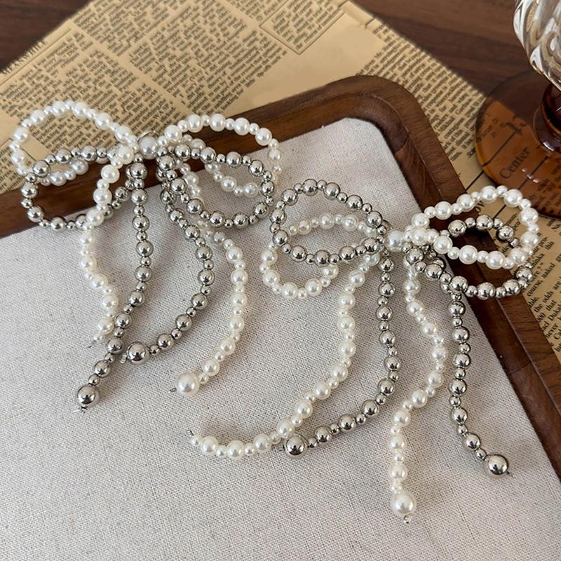 Fashionable Pearls and Silver Bead Butterfly Bowknot Pendant Portable Accessory for Parties Supplies and Office Wear