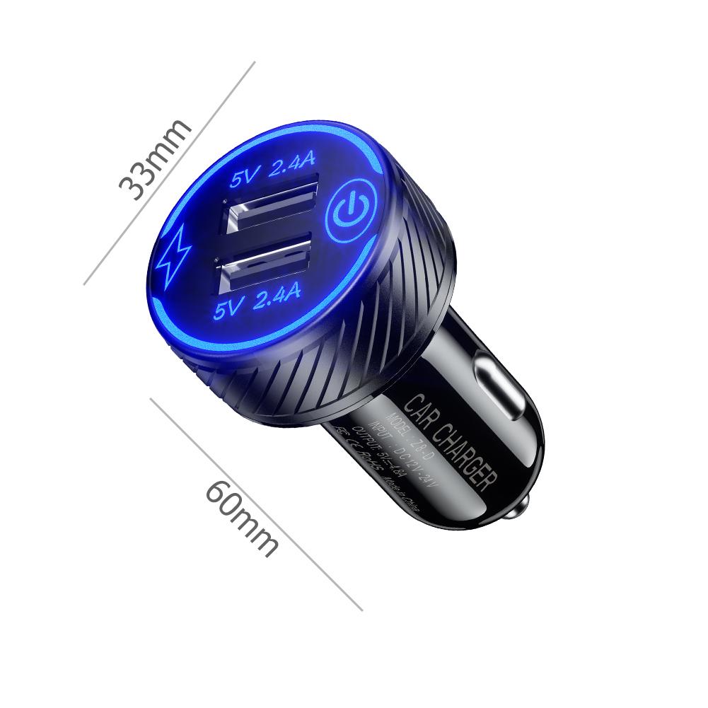 Dual USB Car Charger Adapter with Blue LED Touch Switch Cigar Lighter Socket 4.8A Charging Adapter for Huawei Xiaomi Pad
