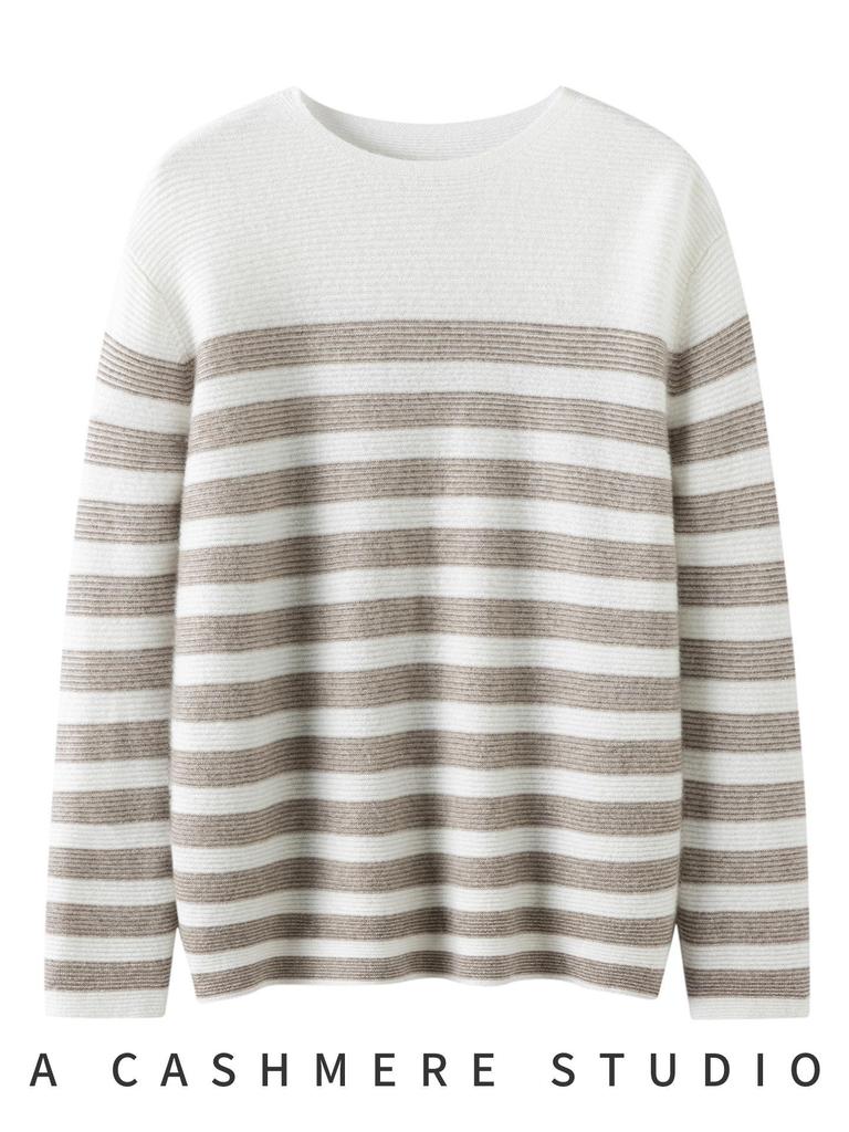 Women's Knit Striped Base Layer Shirt, Long Sleeve, Loose Fit, Warm, Versatile, Round Neck, Cashmere Sweater for Autumn/Winter.