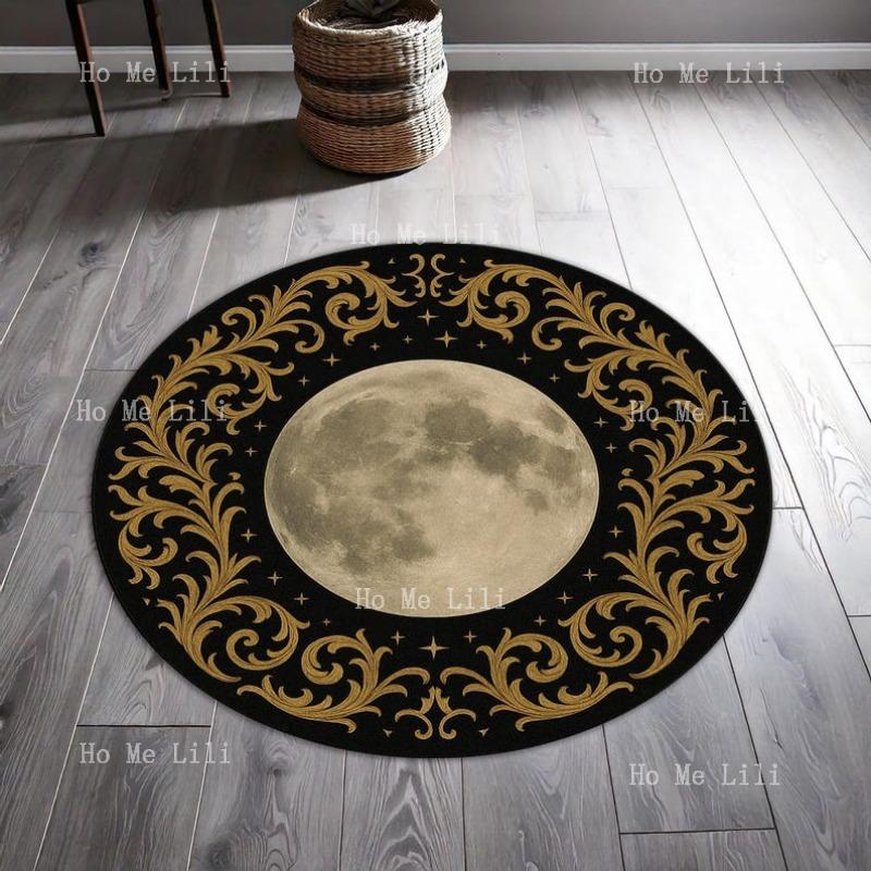 Baroque Full Black Gold Celestial Carpet Round Mat With Ornate Frame Gothic Moon Rug For Mystic Elegant And Modern Home Decor