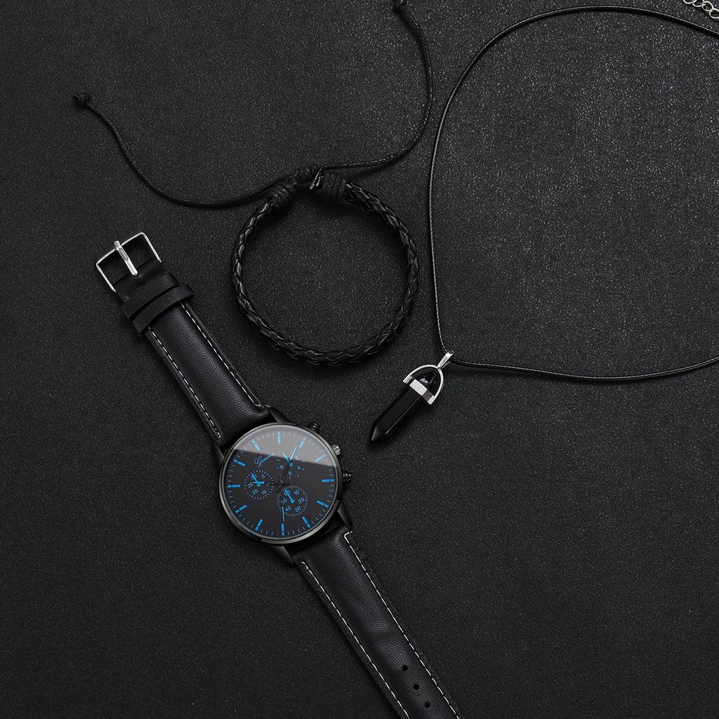 3pcs/set Men's Watch Casual Fashion Trendy Scale Dial Simple Classic Quartz Watch+Hand Rope+Necklace (Box Not Included)