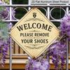 2D Flat, 1pc Vintage Shoe Removal Welcome Themed Aluminum Sign, English Slogan Wall Art, Rustic Aluminum Plaque, Suitable for Entryway, Living Room