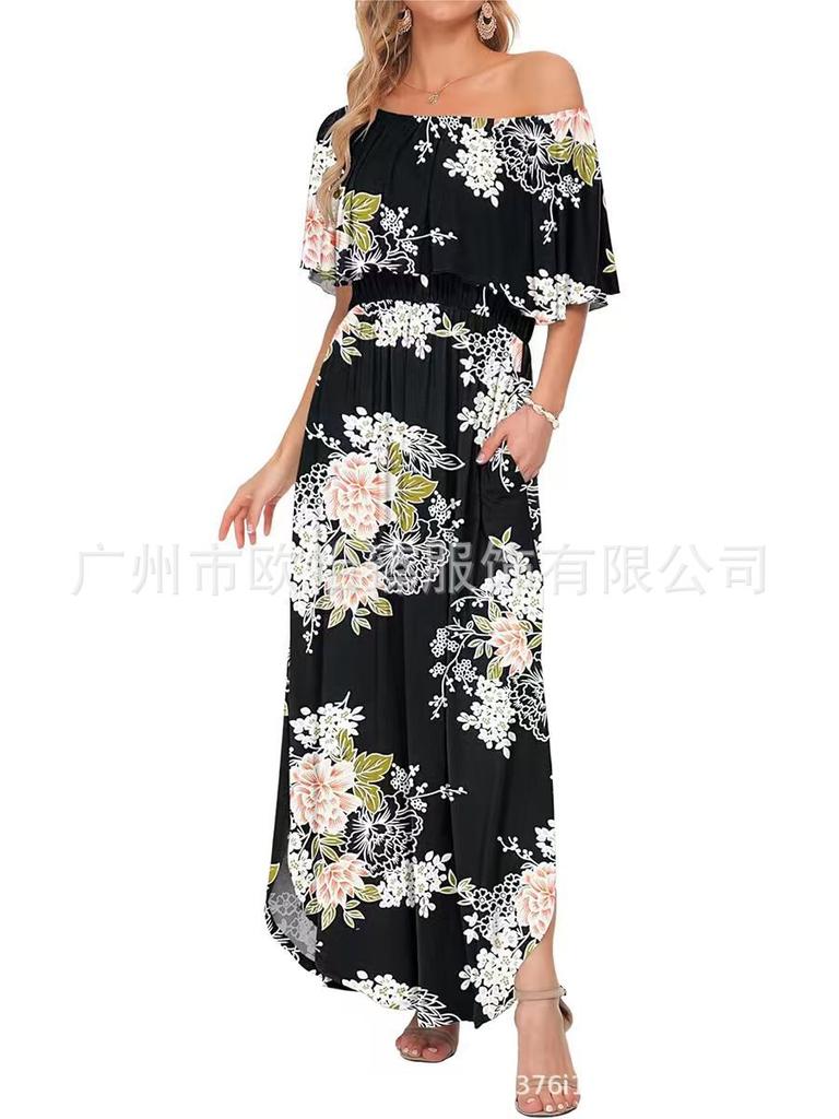 Summer new printed one-word shoulder short-sleeved long dress