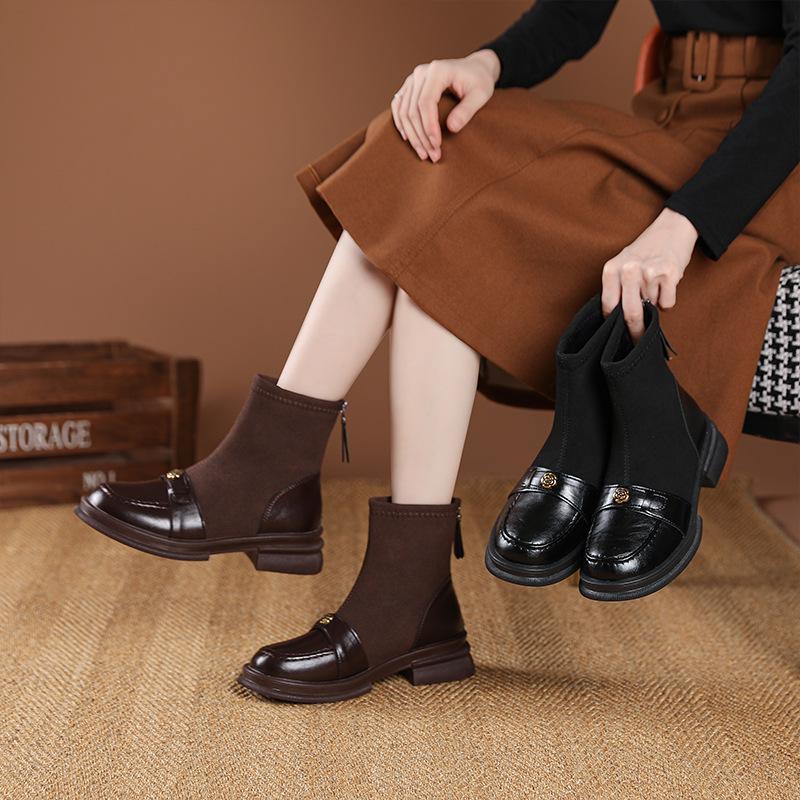 Skinny Stiefel Damen Frühling und Herbst Einzelstiefel flache kurze Stiefel Winter 2025 neue Samt elastische Sockenstiefel weiches Leder Martin Stiefel
