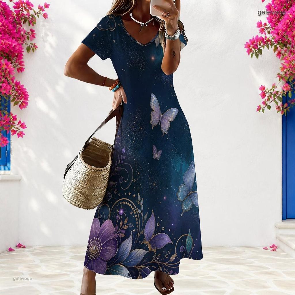 Women Plus Size V Neck Short Sleeve Floral Butterfly Printed Black Straight Long Dress