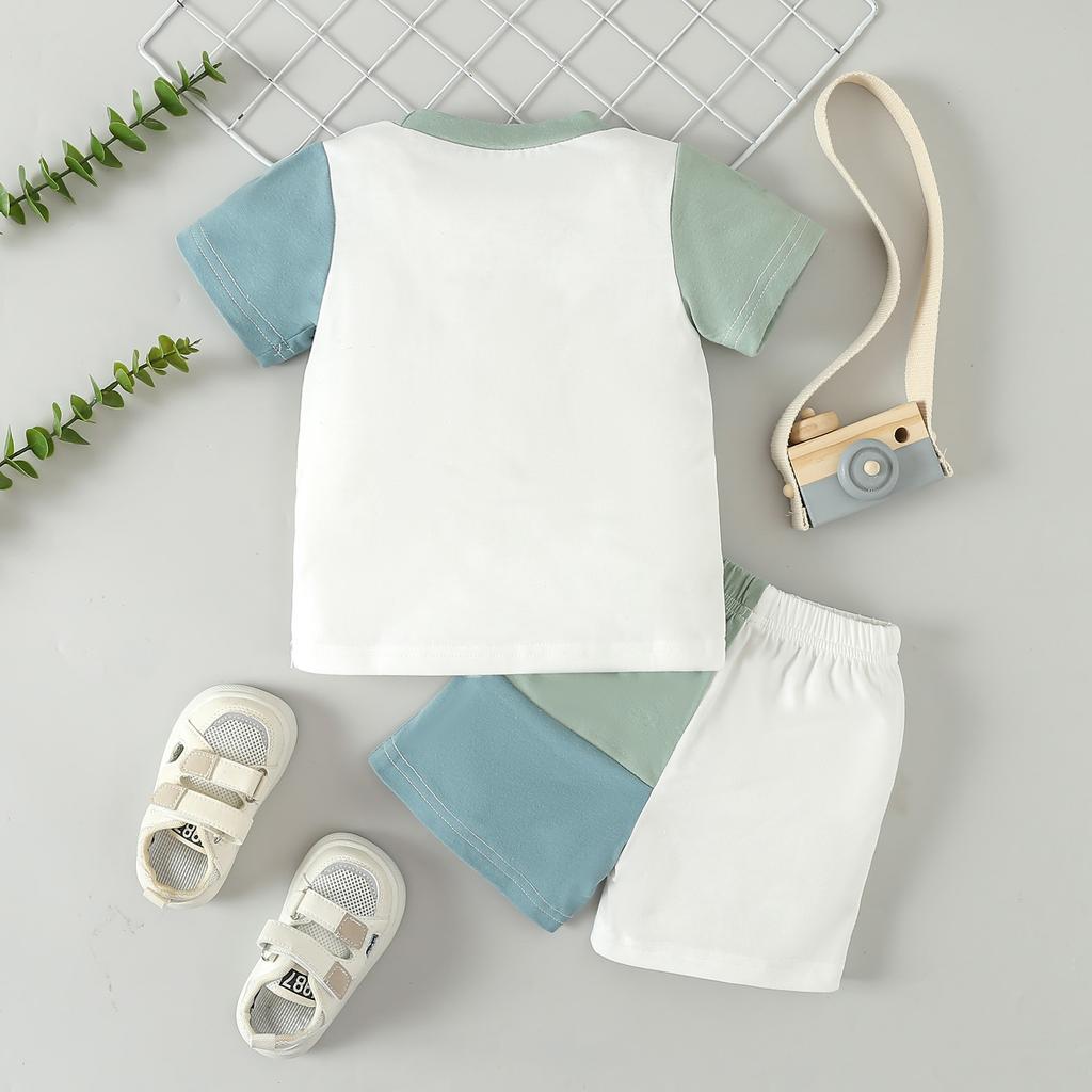 Boys' Set Summer Children's Casual Color-blocked Short-sleeved Letter T-shirt and Shorts