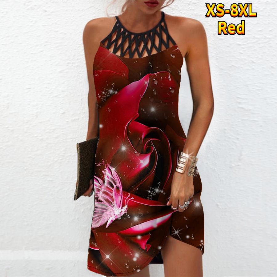 

Летнее модное сексуальное платье без рукавов, мягкое повседневное платье с 3D принтом синей розы, платье на бретельках без рукавов, летнее платье на подтяжках 8XL красный