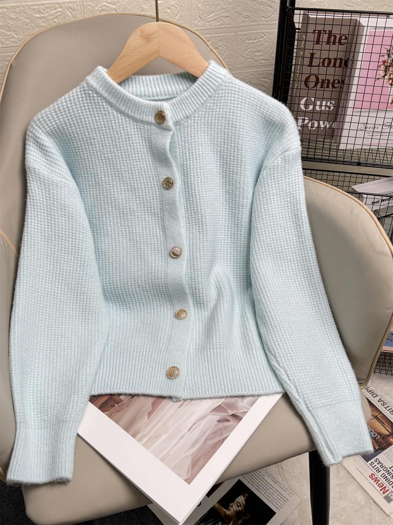 Beige Short Knit Cardigan with Gold Buttons