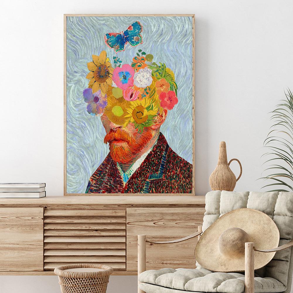 Van Gogh Figure Painting Self Portrait Abstract Canvas Painting Butterfly Flower Poster Prints Blue Wall Art Picture Room Decor