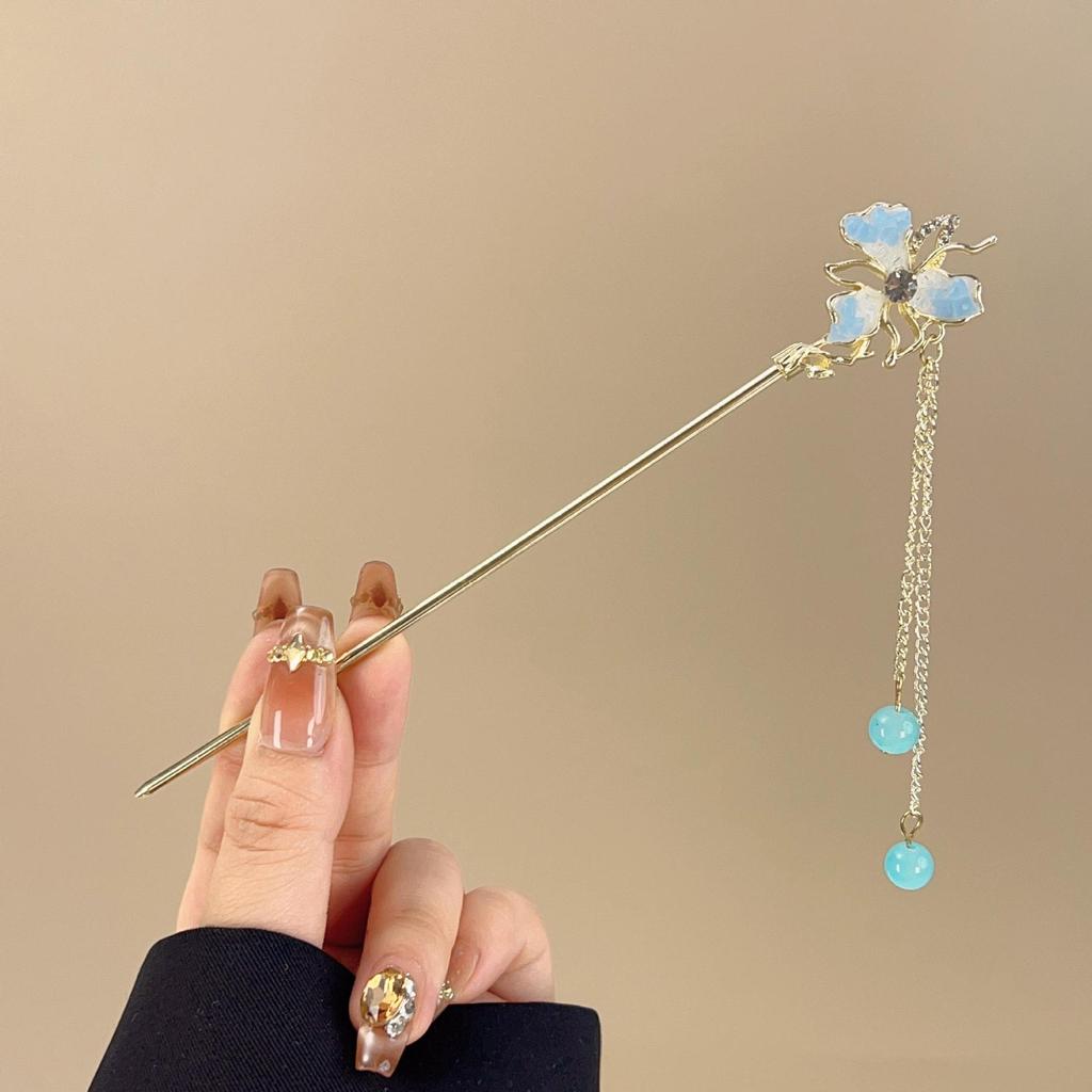 A Niche High-end Blue Shattered Crystal Women's Alloy Hairpin with Antique Style Tassels And Fresh Ocean Style Hair Accessories