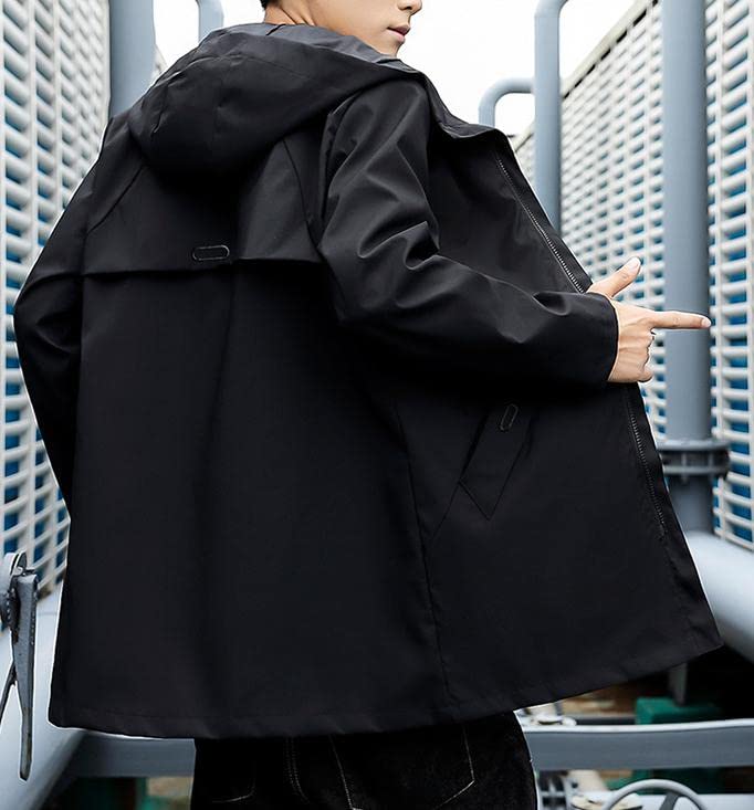 Palton lung, elegant, de stradă, frumos, răcoros, pentru exterior, cald, cu fermoar, rezistent la vânt, negru [Aspersio], palton, cu glugă, îmbrăcăminte de exterior,