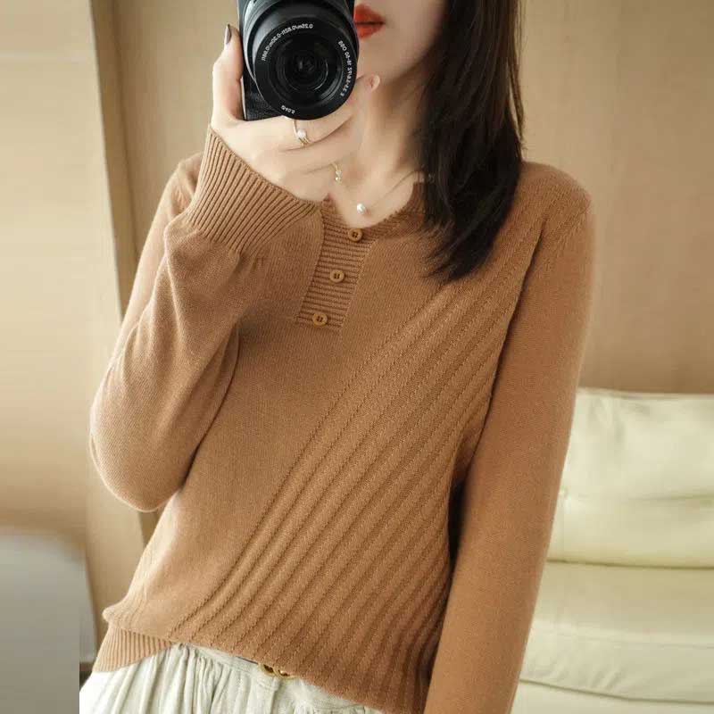 Thin Versatile Pullover Casual Sweater Women's V-Neck 100% Cotton Bottoming Shirt Loose Long Sleeve T-Shirt Knit Sweater